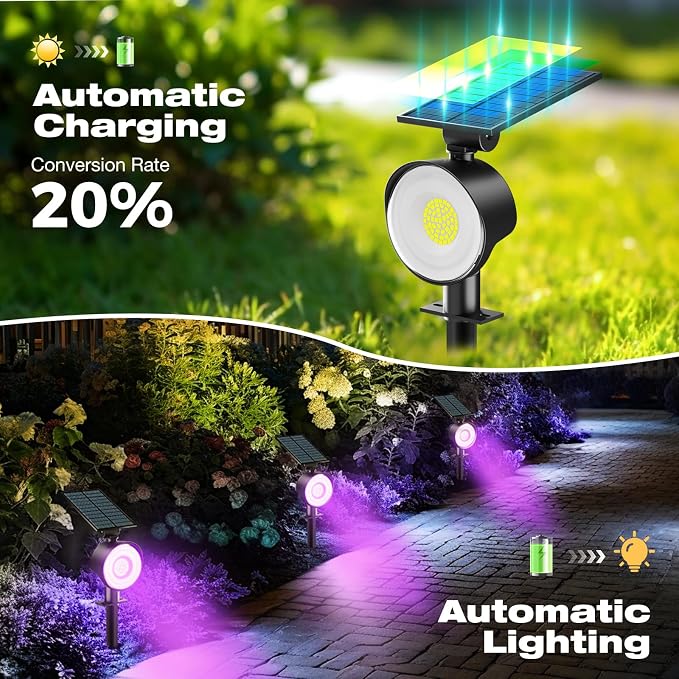 nipify 2 Pack Solar Spot Lights Outdoor Waterproof, Solar Spotlight Light for Outside Yard Landscape Lighting Pathway Lights Wall Auto On/Off, Purple