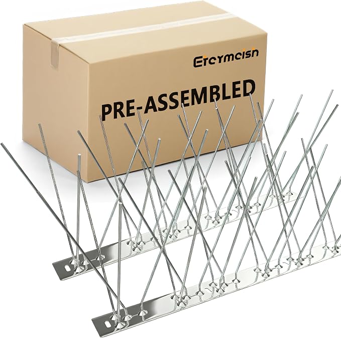 Stainless Steel Bird Spikes for Pigeons,Pre-Assembled,Anti Bird Deterrent Spikes for Woodpeckers, Squirrels, Raccoons，Weatherproof Fence Spikes for Roof, Railing,Patio, 24.6 Feet