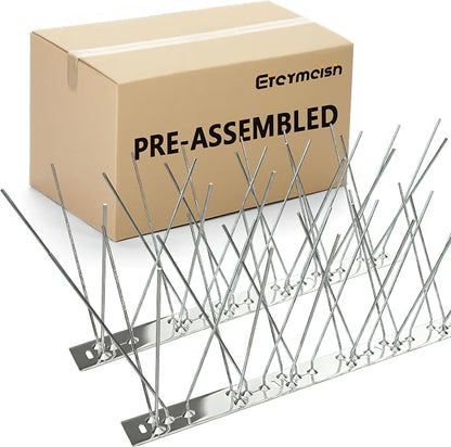 Stainless Steel Bird Spikes for Pigeons,Pre-Assembled,Anti Bird Deterrent Spikes for Woodpeckers, Squirrels, Raccoons，Weatherproof Fence Spikes for Roof, Railing,Patio, 24.6 Feet