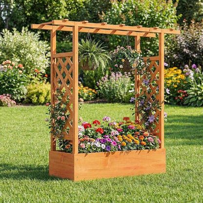 Giantex Wooden Raised Garden Bed with Trellis & Hanging Roof, 2 Pack Fir Wood Planter Box, 45" Freestanding Elevated Garden Bed for Outdoor Climbing Plants Vegetables Flowers, Patio & Balcony, Orange