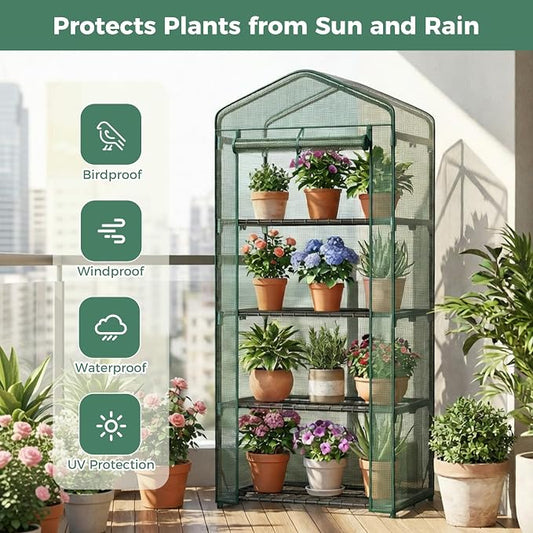 OLIXIS Mini Greenhouse with Durable PE Cover Roll-up Zipper Door, 27"x19"x63" 4 Tier, Small Greenhouse for Outdoors Indoor Balcony, Porch, Garden, Patio, Backyard Green Houses, Green