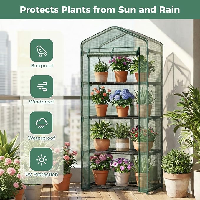 Sweetcrispy Mini Greenhouse with Roll-up Zipper Door Durable PE Cover, 27"x19"x63" 4 Tier, Small Greenhouse for Outdoors Indoor Balcony, Porch, Garden, Patio, Backyard Green Houses, Green