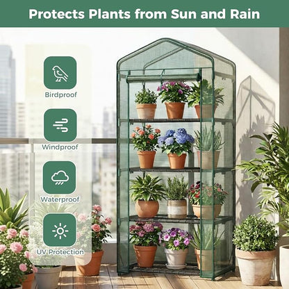 Sweetcrispy Mini Greenhouse with Roll-up Zipper Door Durable PE Cover, 27"x19"x63" 4 Tier, Small Greenhouse for Outdoors Indoor Balcony, Porch, Garden, Patio, Backyard Green Houses, Green