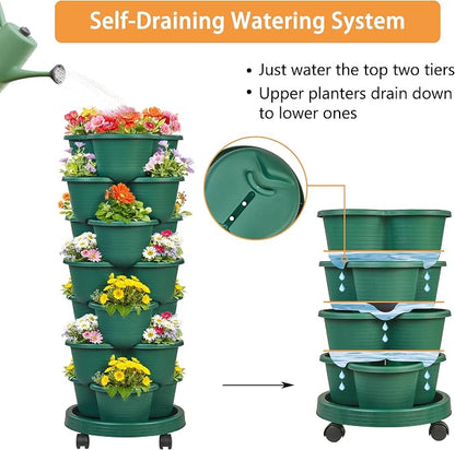 VECELO 7 Tier Vertical Garden Planter, Self Watering Stackable Planters with Wheels for Strawberries, Herbs, Flowers, Vegetables, Dark Green