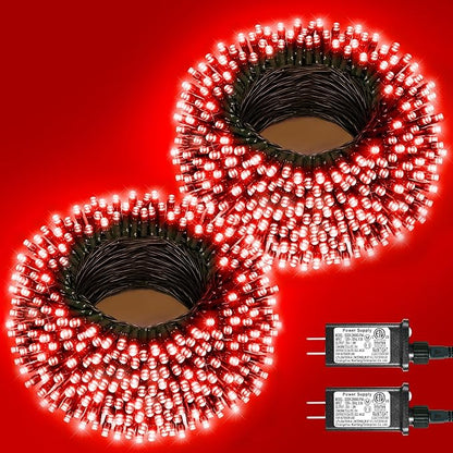 2 Pack Christmas Lights Outdoor, Total 200FT 600LED Christmas Tree Lights Waterproof with 8 Modes, Plug in Connectable String Lights for Outside Indoor Patio Yard Garden Party Decorations, Red