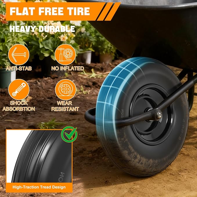 Yesker 4.00-6" Flat-Free Tires and Wheels, 13" Solid Wheelbarrow Tire with 5/8" Bearing 1.75" Centered Hub for Wheelbarrow, Garden Gorilla Cart, Hand Truck (1 Pack)