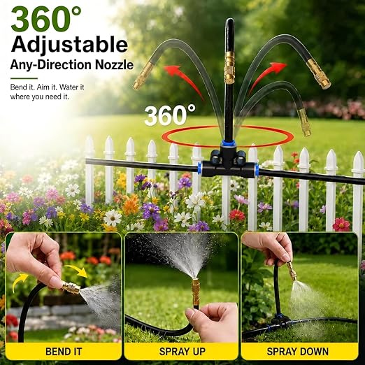 Bluepro Drip Irrigation System 100FT 1/4", 2026-Upgrade Garden Sprinkler Kit with 16PCS 360° Adjustable Copper Nozzles, Automatic Misting Watering System for Raised Beds, Greenhouse, Lawn, Patio, Yard