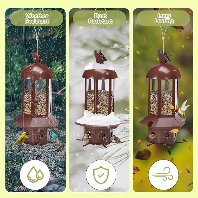 Squirrel Proof Bird Feeders, 5lbs Heavy Duty Metal (Brown) | Weight-activated mechanism bird feeders for outdoors, 6 Chew-proof feeding ports