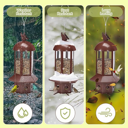 Squirrel Proof Bird Feeders, 5lbs Heavy Duty Metal (Brown) | Weight-activated mechanism bird feeders for outdoors, 6 Chew-proof feeding ports