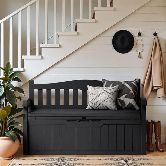 Greesum 80 Gallon Heavy-Duty Outdoor Storage Bench with Cushion, UV-Resistant Resin Bench with Armrest, Deck Box for Garden, Poolside, Patio, Black