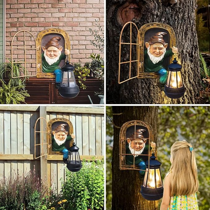 Garden Gnome Statue with Solar Lights Mom Dad Gifts Summer Decor Fairy Garden 10 in Elf Outdoor Tree Hugger Statues- Tree Face Sculpture, Yard Art for Patio,Fence,Lawn,Wall Gnomes Ornament