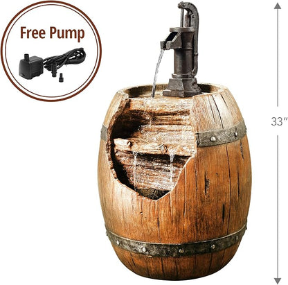 Teamson Home Vintage Barrel Waterfall Fountain with Pump for Outdoor Patio Garden Backyard Decking, 33 Inch Height, Wood | With Pump, Outdoor Patio Garden Backyard Decking, 33 Inch Height
