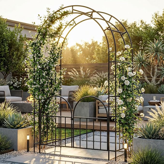 7ft Garden Arbor - Metal Garden Arch Trellis for Climbing Plants, Wide Sturdy Trellis Outdoor, Garden Arbor with Gate, Ideal for Weddings, Halloween, Christmas & Outdoor Decorations