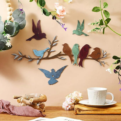 Ferraycle Metal Bird Wall Art Birds on the Branch Decor Metal Sculpture Silhouette Ornament Branch Wall Hanging Sign for Balcony Garden Home Decor(Cute Colors)