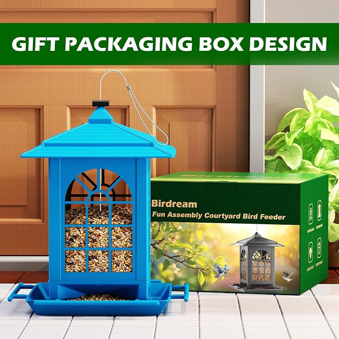 Birdream Bird Feeders for Outdoor Hanging, Assembly Required, 1-Min Easy Setup, Classic Courtyard Design, Attracting Cardinals Chickadees Goldfinches & Sparrows - Blue