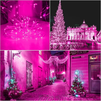 Solar Christmas String Lights Pink Outdoor Waterproof 100 LED（2 Pack） 8 Modes Copper String Lights Fairy Lights for Valentines Day Garden, Patio, Fence, Balcony, Outdoors(Pink 2pcs
