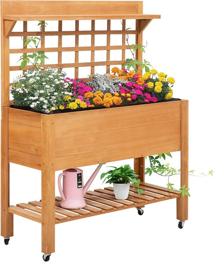 Outsunny 41" Raised Garden Bed with Trellis on Wheels, Wooden Elevated Planter Box with Legs and Bed Liner, for Flowers, Herbs & Vegetables, Brown