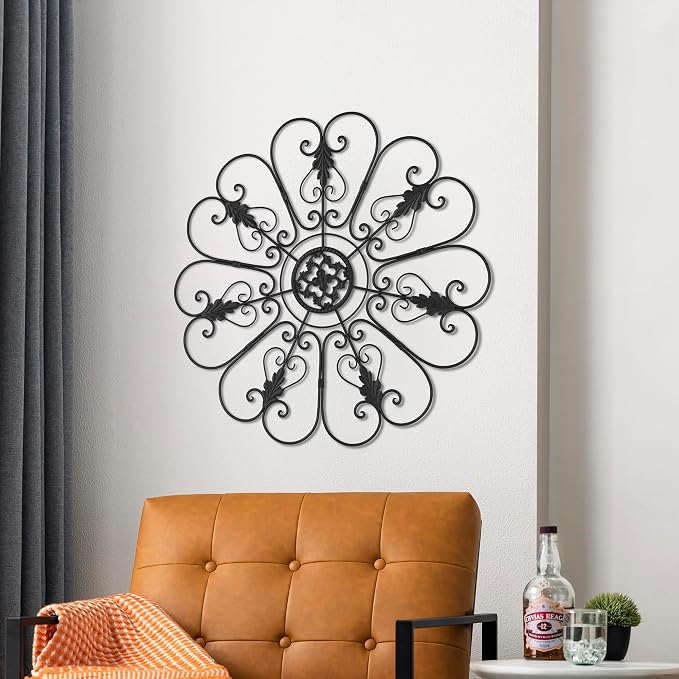 Glitzhome Outdoor Metal Wall Art Decor, Large Wrought Iron Scroll Wall Decor with Floral Design, Matte Black Finish, 23.75" D Exterior Garden Patio Porch Wall Decor