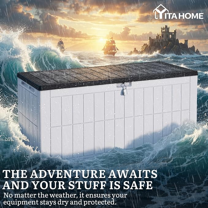 YITAHOME 134 Gallon Large Deck Box | Waterproof Resin Outdoor Storage Box with Lock and 2-Person Bench Seating for Patio Furniture Cushions,Garden Tools & Pool