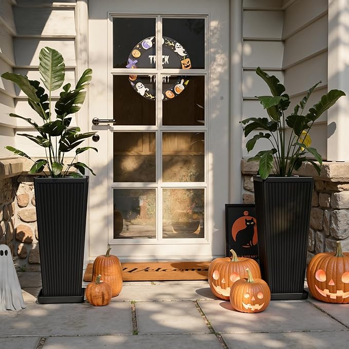 Tall Black Planters Outdoor Set of 2-24" Modern Tapered Plastic Planters for Outdoor Plants with Drainage Holes/Partition/Tray, Large Indoor Planter for Porch Patio Garden Front Porch