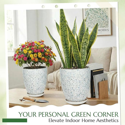 11.8 Inch Flower Pots for Indoor Plants,Ceramic Planter with Saucer Drainage Leak-Proof Mesh Gardening Gloves (Spotted Blue)