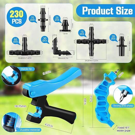 Feekoon Drip Irrigation Hole Punch Tool, 2 in 1 Drip Tubing Punch and Fitting Insertion Tool for 1/4 Inch Emitters, 16 20 25mm PE Pipe, Garden Repair(Blue,230 Irrigation Plugs)