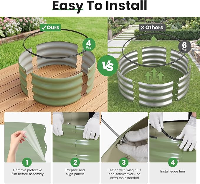 WILLOW WEAVE 4 Pcs Round Raised Garden Bed Outdoor, 2x2x1ft Circle Garden Bed, Galvanized Raised Planter Box for Gardening, Metal Raised Beds for Flower, Vegetable, Herb, OliveGreen