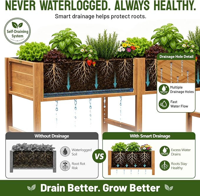 YEFU 72" Large Raised Garden Bed, Wood-Look HIPS 6ft Extra Large Bed, Teak | Extra Large Garden Bed for Backyard Growing, 6ft Design, Wood-Look HIPS, Drainage, 770 lbs High Capacity Support