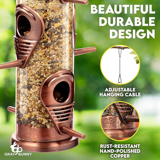 Bird Feeder for Outdoors (Brushed Metal Copper) Hanging Bird Feeders with Locking Lid & Adjustable Hanger, Chew-Proof, Weather Resistant (15 Inches, 6 Port)