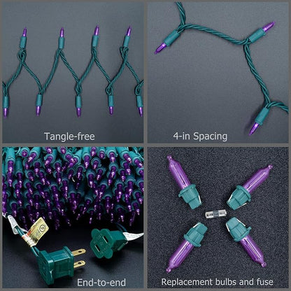 YULETIME 200 Purple LED Christmas Lights, 66 ft Green Wire UL String Light | Stay Lit, End-to-End Connectable, UL Certified, Commercial Grade, 1-Strand 200 Lights, 4" Spacing