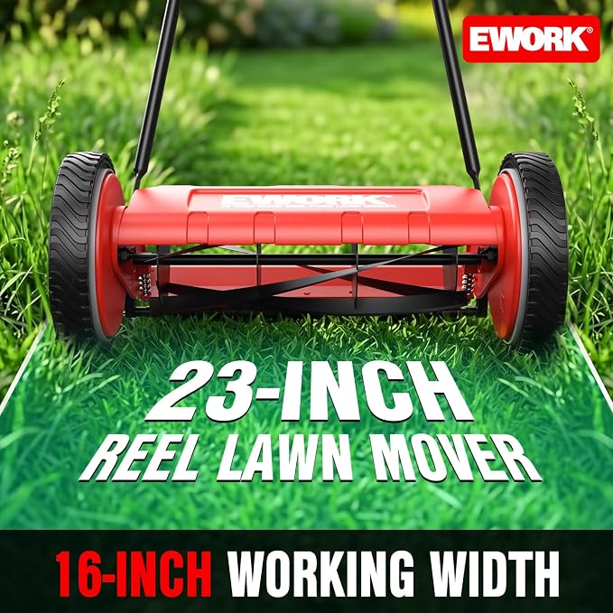 EWORK Push Reel Lawn Mower 23" with 5-Blade Cutting System for Lawn Care | Manual Lawn Mower with 4 Adjustable Cutting Heights, Sponge-Wrapped Handle, Tool-Free Assembly, Reel Mowers for Garden, Yard