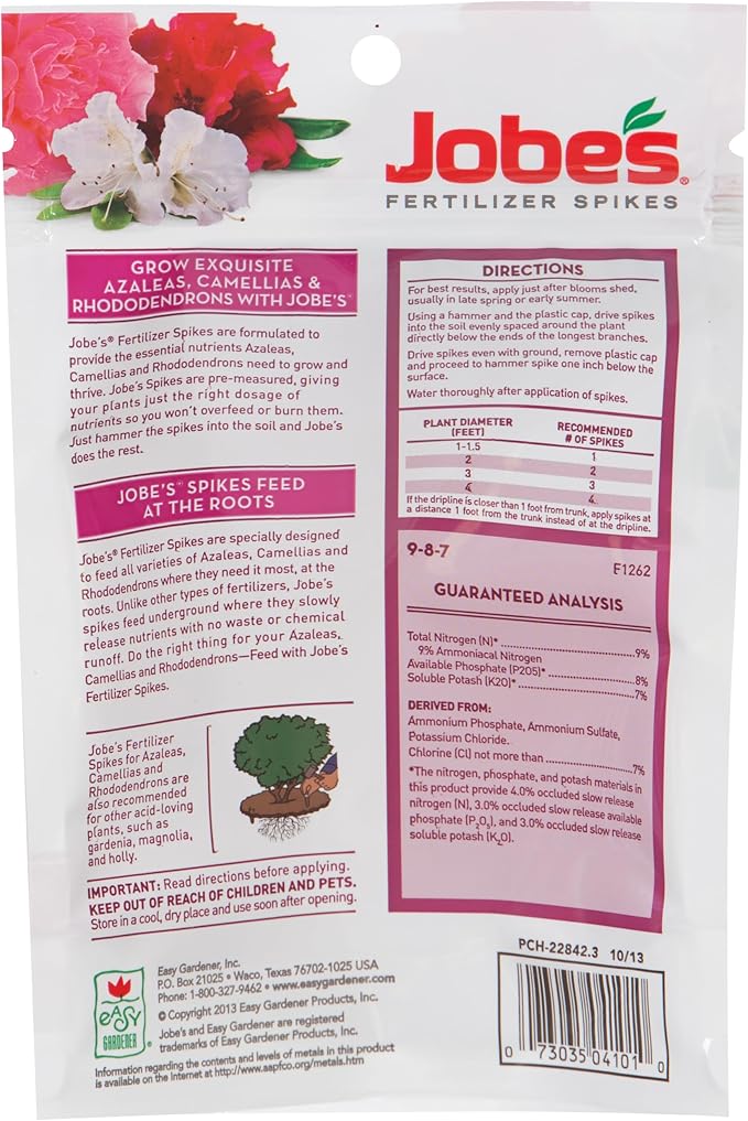 Jobe’s Garden Fertilizer Spikes, Organic Fertilizer for Azaleas, Camellias, Rhododendrons, and Other Acid Loving Plants, 10 Spikes (Pack of 12)