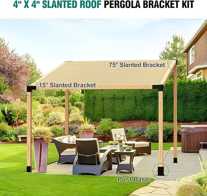 Pergola Brackets, 75° Pergola Brackets 15° Corner Bracket with Post Base Gazebo Kit for 4x4'' (Actual 3.5x3.5 in) Wooden Beams Lumber Gazebos Patio Sheds