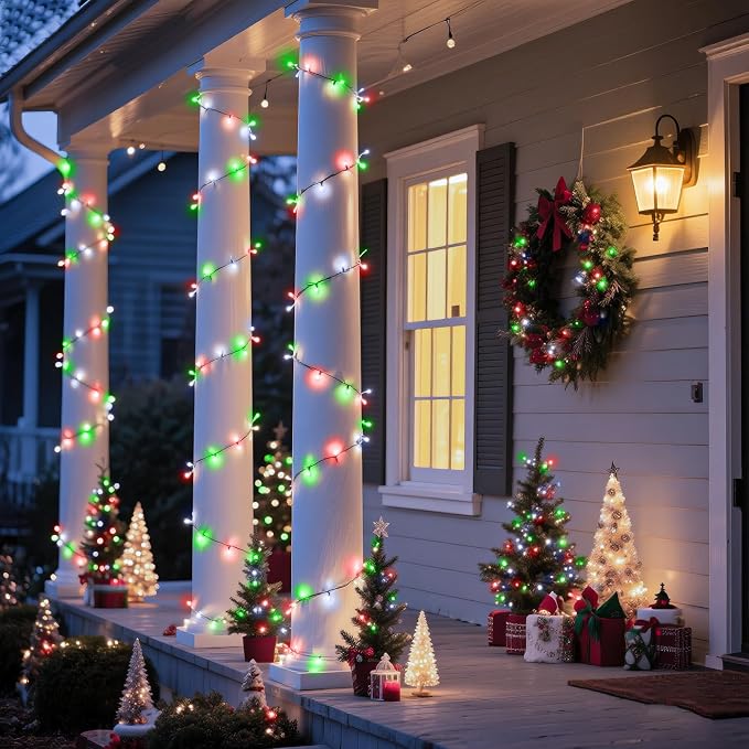 Red White and Green Christmas Lights, 66FT 200 LED Christmas Tree Lights Outdoor Waterproof, 8 Modes Plug in Connectable String Lights for Outside Indoor Garden Patio Xmas Tree Party Decorations