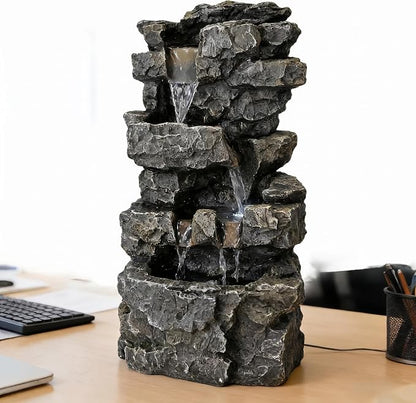 Tabletop Rock Waterfall Fountain, 4-Tier Stacked Stone, Resin, LED Lights, USB Powered, 7.08 x 5.5 x13.3Inches