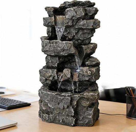 Tabletop Rock Waterfall Fountain, 4-Tier Stacked Stone, Resin, LED Lights, USB Powered, 7.08 x 5.5 x13.3Inches