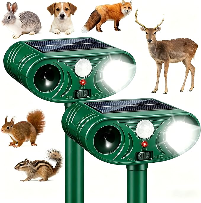 2pack Sonic Fortress Pro Deer Repellent, Solar Animal Repellent Outdoor | Cats Deterrent Ultrasonic Animal Deterrent with Flashing Light, Deer Rabbit Squirrel Raccoon Fox Cat Repellent for Garden