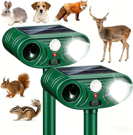 2pack Sonic Fortress Pro Deer Repellent, Solar Animal Repellent Outdoor | Cats Deterrent Ultrasonic Animal Deterrent with Flashing Light, Deer Rabbit Squirrel Raccoon Fox Cat Repellent for Garden