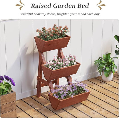 Kitsanery 3-Tiers Wooden Raised Garden Bed,Wood Planter Box for Vegetable,Flower Rack,Flower Pot Stands,Indoor Outdoor Gardening Planting Beds (Brick red, Small)