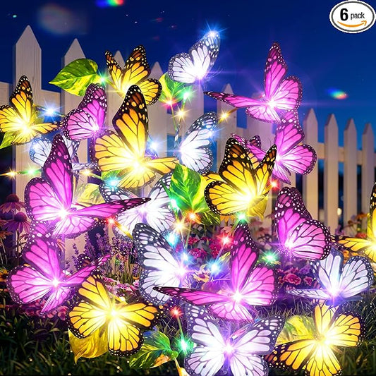 Solar Lights Outdoor, 6 Pack Solar Garden Lights with 222 Colorful LEDs & 102Realistic Silk Butterflies, IP65 Waterproof Outdoor Solar Light for Yard Patio Garden Decor, Gifts for Mom Grandma
