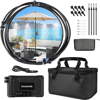 homenote Portable Misting System – 12,000mAh Pump, 20L Water Bucket, Misting Hose, 4 Brass Nozzles, Outdoor Cooling Misters for Canopy/Camping/Umbrella/Golf Cart/Dugout/Greenhouse