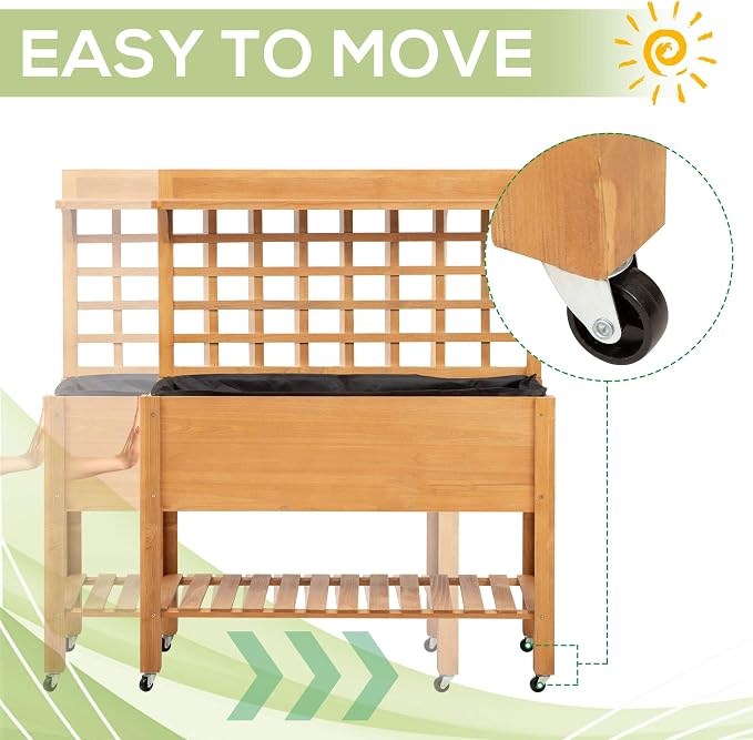 Outsunny 41" Raised Garden Bed with Trellis on Wheels, Wooden Elevated Planter Box with Legs and Bed Liner, for Flowers, Herbs & Vegetables, Brown