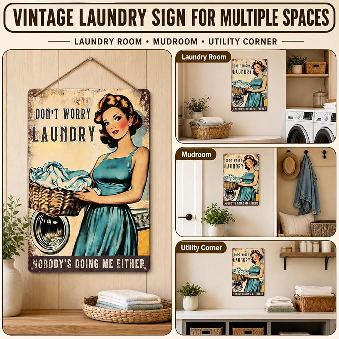 PEACHGARDEN Laundry Room Decor, Funny Laundry Signs Wall Decor, Don’t Worry Laundry Vintage Aluminum Metal Sign for Bathroom Mudroom Drying Area, Home Decor Gift for Women, 8x12 Inch