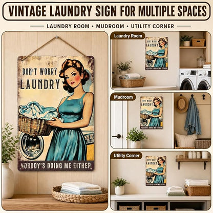 PEACHGARDEN Laundry Room Decor, Funny Laundry Signs Wall Decor, Don’t Worry Laundry Vintage Aluminum Metal Sign for Bathroom Mudroom Drying Area, Home Decor Gift for Women, 8x12 Inch