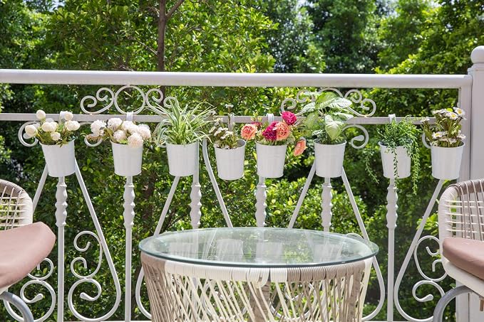 Dahey 10 Pcs Hanging Flower Pots Metal Iron Bucket Planter for Railing Fence Balcony Garden Home Decoration Flower Holders with Detachable Hooks, White, 5 inches