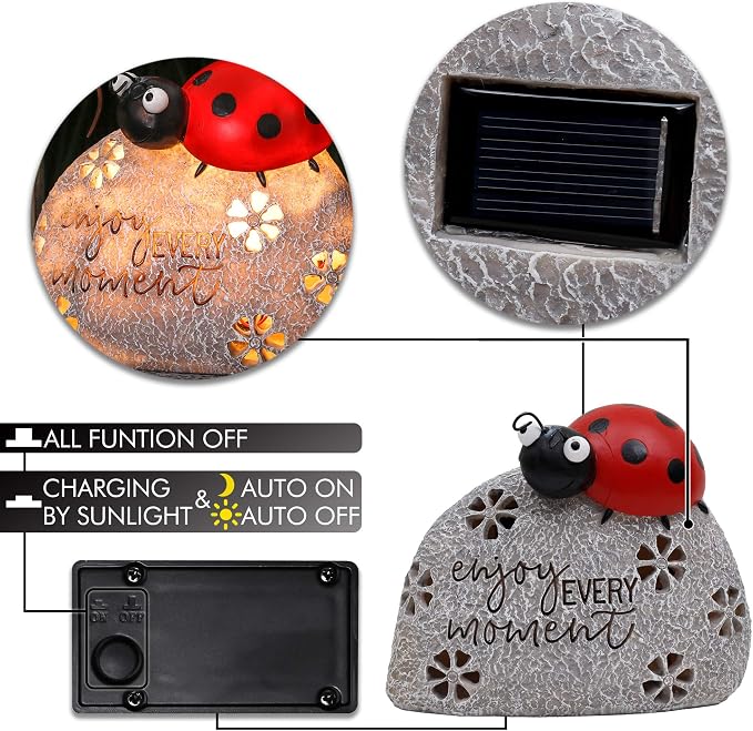 TERESA'S COLLECTIONS Garden Decor, Cute Ladybug Garden Decor with Solar Light, Waterproof Resin Garden Statue, Ladybug Gifts, Garden Gifts for Women Mom, Indoor/Outdoor, 5.1"