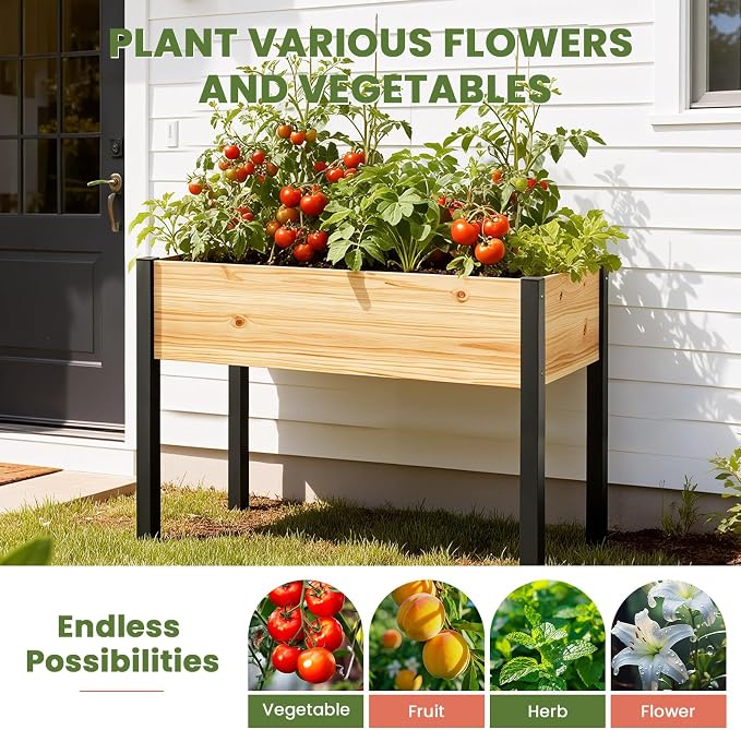 SUNYRISY Wooden Raised Garden Bed Outdoor with Metal Legs for Gardening, 45.6" L x 23.6" W x 31.5" H Elevated Planter Garden Box Raised Bed for Vegetable Flower Herb