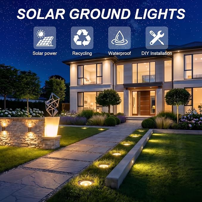 OULONGER Solar Lights Outdoor Waterproof, 12 Pack Solar Ground Lights with Large Capacity Battery, High Efficiency Solar Powered Lights for Outdoor Garden, Patio, Pathway and Yard (Warm Light)