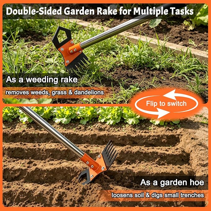 Weed Puller Tool with Long Handle, 60" Manual Weed Remover Tool, 2-in-1 Weeder Rake and Hoe Garden Tool, Uprooting Weeding Tool for Yard, Lawn, Patio, Garden