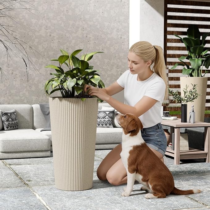 24" H Tall Planters for Outdoor Plants, 2 Pack Large Outdoor Planters for Front Porch Decor with Drainage Hole, Plastic Striped Flower Pots Fits Indoor Plants Patio Garden, Black
